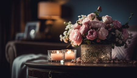 Luxury bouquet on rustic table, candle flame flickers generated by artificial intelligenceの素材