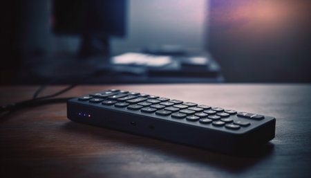 Modern office desk with computer equipment illuminated generated by artificial intelligenceの素材