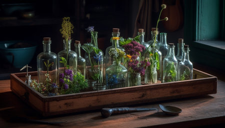 Fresh flower bouquet in rustic wooden vase generated by artificial intelligenceの素材