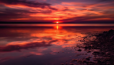 Vibrant sunset over tranquil water and coastline generated by artificial intelligenceの素材