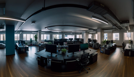 Modern office design with bright blue lighting generated by artificial intelligenceの素材
