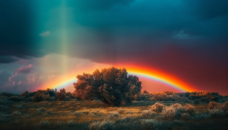 Vibrant colors of autumn meadow at dusk generated by artificial intelligenceの素材