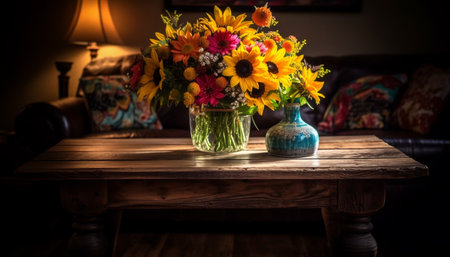 Sunflower bouquet adds rustic elegance to living room generated by artificial intelligenceの素材