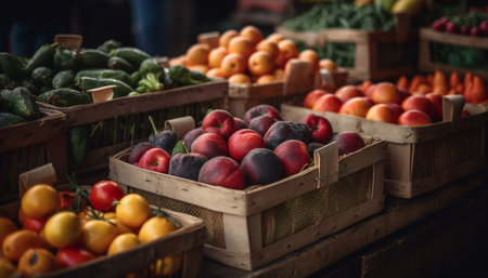 Abundance of juicy, ripe fruit in farmer market generated by artificial intelligenceの素材