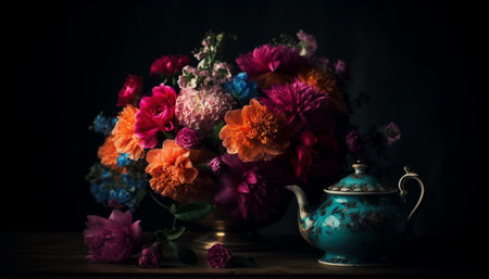 Antique teapot holds fresh multi colored bouquet generated by artificial intelligenceの素材