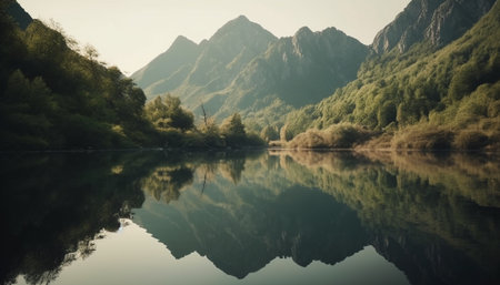 Majestic mountain range reflects in tranquil pond generated by artificial intelligenceの素材
