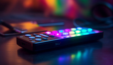 Smartphone on table, illuminated by blue lighting generated by artificial intelligenceの素材