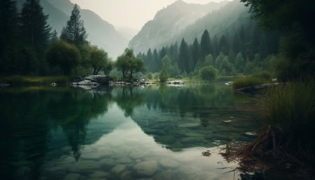 Tranquil scene of mountain reflection in water generated by artificial intelligenceの素材