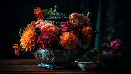 Antique vase holds rustic bouquet of multi colored flowers generated by artificial intelligenceの素材