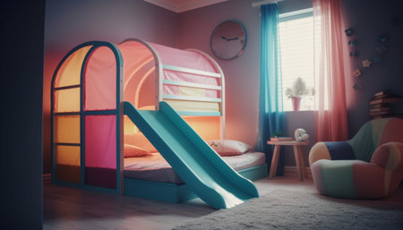 Comfortable modern bedroom with blue bedding and lamp generated by artificial intelligenceの素材
