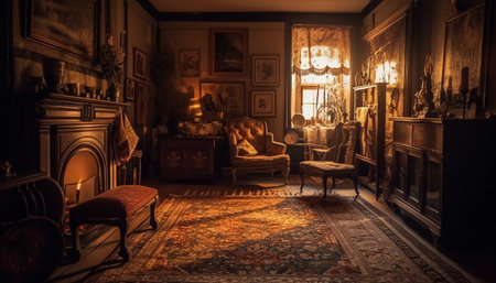 Elegant living room with antique decor and lighting generated by artificial intelligenceの素材