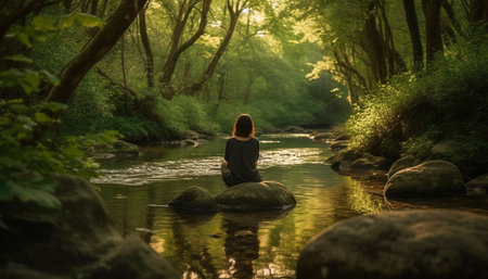Young woman meditates in serene forest solitude generated by artificial intelligenceの素材