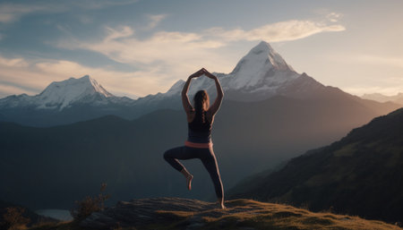 Young adult meditates, finds balance in nature generated by artificial intelligenceの素材