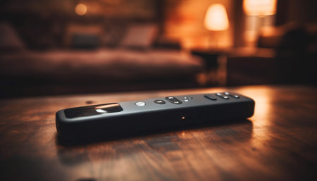 Wireless remote controls modern TV in living room generated by artificial intelligenceの素材