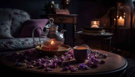 Hot tea on wooden table, candlelit relaxation generated by artificial intelligenceの素材