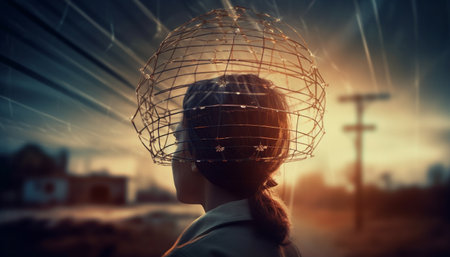 Young woman catching sunset in cityscape silhouette generated by artificial intelligenceの素材