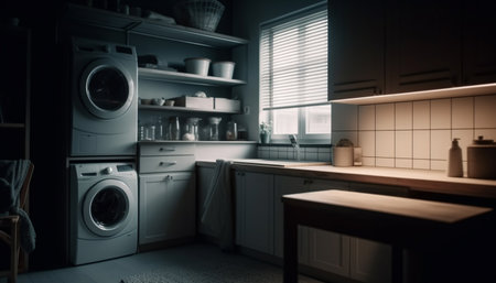 Modern kitchen: stainless steel appliances, dark elegance generated by artificial intelligenceの素材
