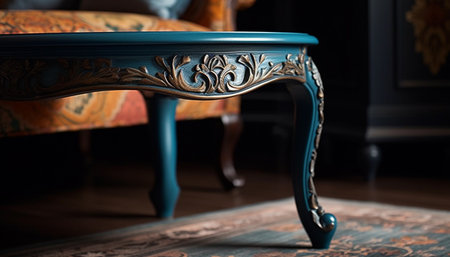 Antique chair, elegant wood, rustic design, luxurious comfort generated by artificial intelligenceの素材