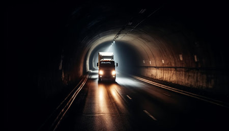 Blurred motion of semi trucks on multiple lanes generated by artificial intelligenceの素材