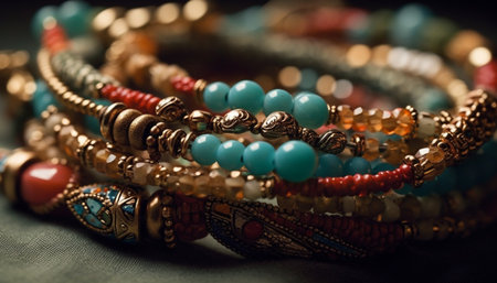 Multi colored jewelry collection showcases cultural elegance generated by artificial intelligenceの素材