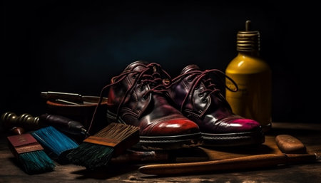 Old leather boots on rustic wooden table generated by artificial intelligenceの素材