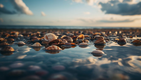 Sunset over tranquil waters, seashell and pebble generated by artificial intelligenceの素材