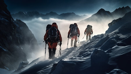 Mountain climbers conquer adversity, reaching new heights generated by artificial intelligenceの素材