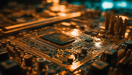 Futuristic computer chip pattern on motherboard background generated by artificial intelligenceの素材