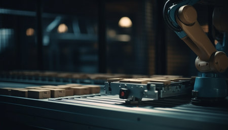 Robotic arm in modern factory controls machinery generated by artificial intelligenceの素材