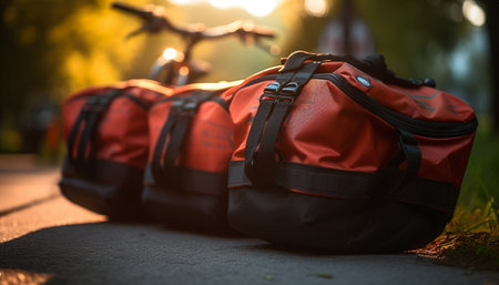 Backpackers hike through autumn forest for adventure generated by artificial intelligenceの素材
