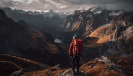 One person hiking mountain peak, achieving success generated by artificial intelligenceの素材