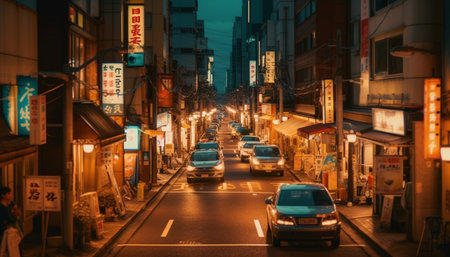 Neon lights illuminate crowded city streets at night generated by artificial intelligenceの素材