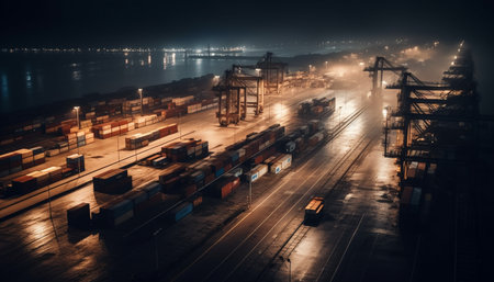 Steel cargo containers delivering freight at dusk generated by artificial intelligenceの素材