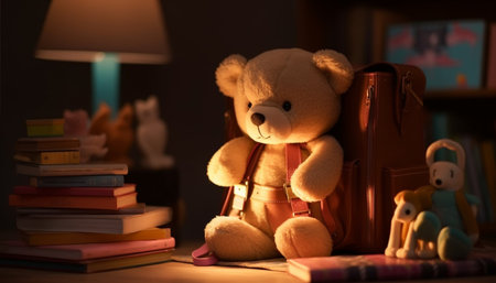 Cute teddy bear sitting on old bookshelf generated by artificial intelligenceの素材