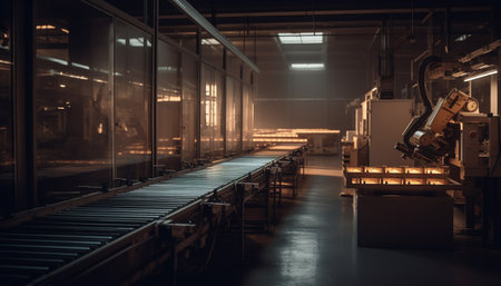 Bright metal industry machinery illuminates dark warehouse generated by artificial intelligenceの素材