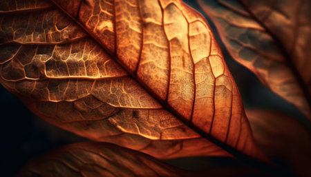 Vibrant autumn leaf veins create organic abstract pattern generated by artificial intelligenceの素材