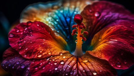 Vibrant hibiscus blossom, wet with raindrop dew generated by artificial intelligenceの素材