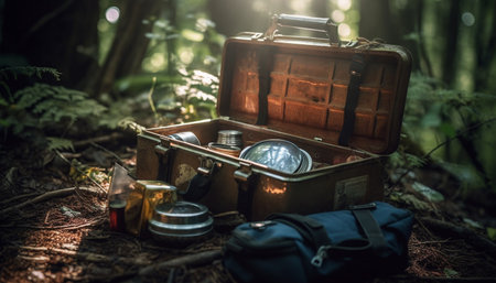 Antique leather backpack holds adventure and discovery generated by artificial intelligenceの素材