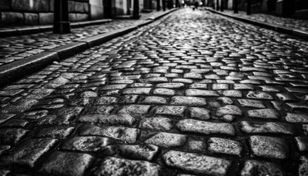 Cobblestone footpath, old fashioned city street in monochrome generated by artificial intelligenceの素材