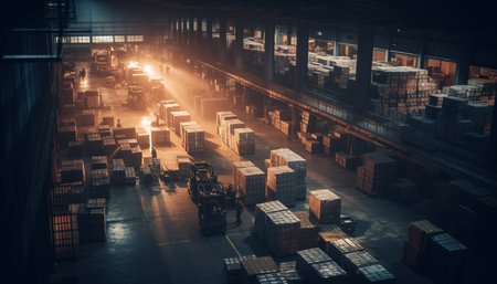 Freight transportation unloading cargo containers at dusk generated by artificial intelligenceの素材