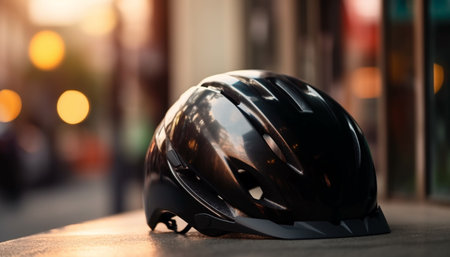 Cycling helmet shines in city dark night generated by artificial intelligenceの素材