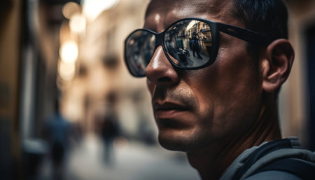 Modern man with funky sunglasses in city life generated by artificial intelligenceの素材