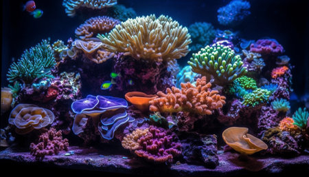 Deep below, multi colored sea life thrives generated by artificial intelligenceの素材
