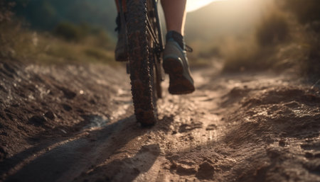 Mountain biker explores dirt road in forest generated by artificial intelligenceの素材