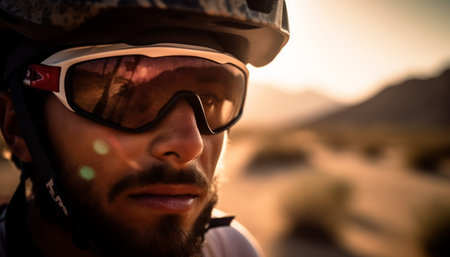 Smiling man in ski goggles enjoys freedom generated by artificial intelligenceの素材