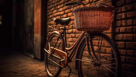Rusty bicycle basket on brick wall background generated by artificial intelligenceの素材
