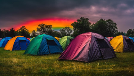 Vibrant dome tent in tranquil meadow freedom generated by artificial intelligenceの素材