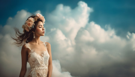 Young adult bride smiling in nature beauty generated by artificial intelligenceの素材