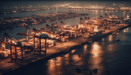 Freight transportation at commercial dock, illuminated at night generated by artificial intelligenceの素材