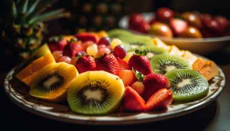 Juicy fruit salad, gourmet dessert, healthy lifestyle generated by artificial intelligenceの素材